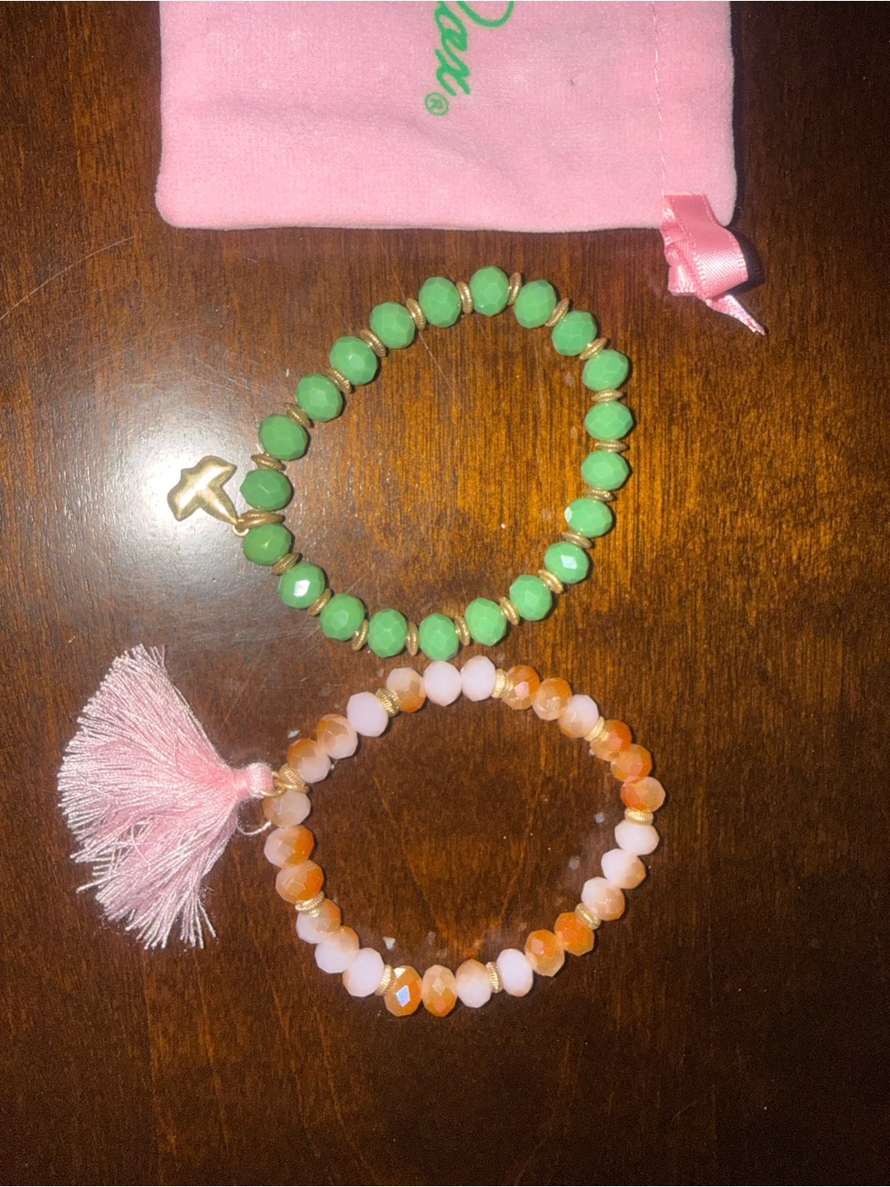 Ivy & Rose Green Beaded Bracelet Set with Pink Tassel - Picture 2 of 2